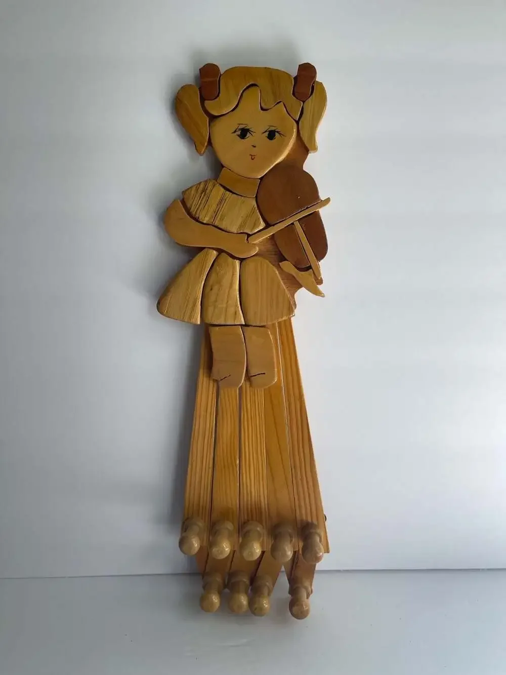 Vintage Wooden Accordion Wall Rack in the Shape of a Girl Playing a Violin